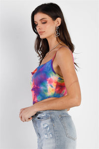 TASHA APPAREL Multi Color Neon Tie-dye Lurex Cowl Neck Sleeveless Crop Top