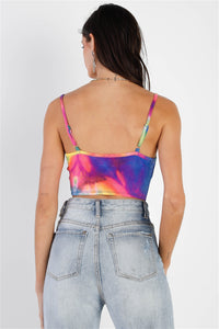 TASHA APPAREL Multi Color Neon Tie-dye Lurex Cowl Neck Sleeveless Crop Top