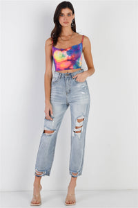 TASHA APPAREL Multi Color Neon Tie-dye Lurex Cowl Neck Sleeveless Crop Top