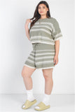 TASHA Plus Olive Striped Knit Short Sleeve Crop Top High Waist Shorts Set