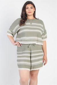 TASHA Plus Olive Striped Knit Short Sleeve Crop Top High Waist Shorts Set