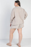 TASHA Plus Grey Button-up Collared Neck Blazer High Waist Shorts Set