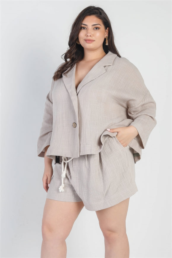 TASHA Plus Grey Button-up Collared Neck Blazer High Waist Shorts Set