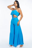 MISS CALIFORNIA Solid Tie Front Spaghetti Strap Tank Top And Tiered Wide Leg Pants Two Piece Set