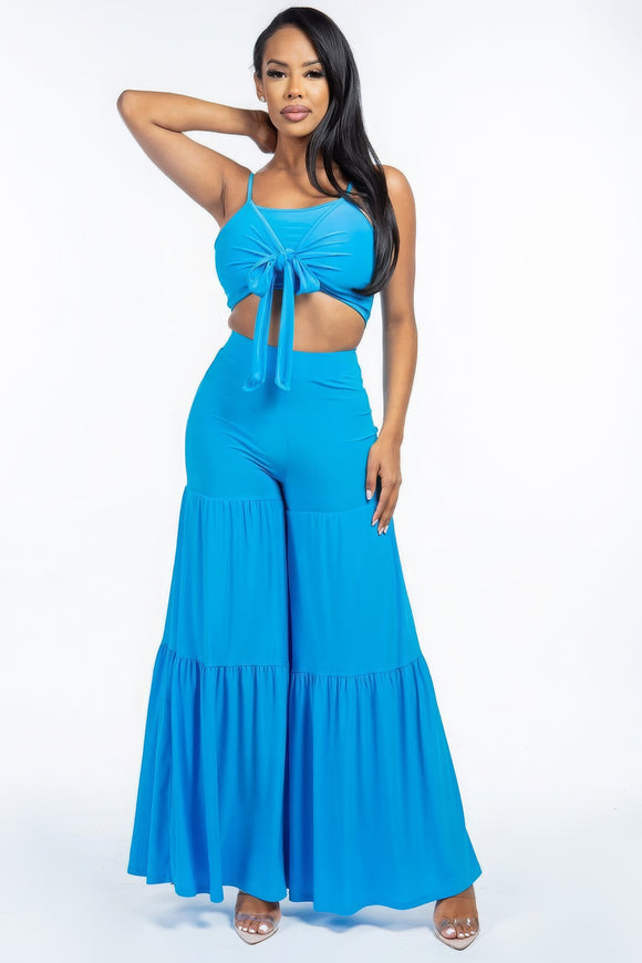 MISS CALIFORNIA Solid Tie Front Spaghetti Strap Tank Top And Tiered Wide Leg Pants Two Piece Set