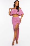 MISS CALIFORNIA Solid Ity Off The Shoulder Ruffled Cropped Top And Ruched Maxi Skirt Two Piece Set