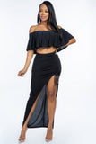 MISS CALIFORNIA Solid Ity Off The Shoulder Ruffled Cropped Top And Ruched Maxi Skirt Two Piece Set