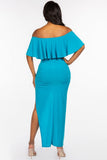 MISS CALIFORNIA Solid Ity Off The Shoulder Ruffled Cropped Top And Ruched Maxi Skirt Two Piece Set