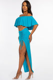 MISS CALIFORNIA Solid Ity Off The Shoulder Ruffled Cropped Top And Ruched Maxi Skirt Two Piece Set