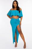 MISS CALIFORNIA Solid Ity Off The Shoulder Ruffled Cropped Top And Ruched Maxi Skirt Two Piece Set