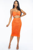 MISS CALIFORNIA Solid Ruched Spaghetti Strap Tank Top And Midi Skirt Two Piece Set