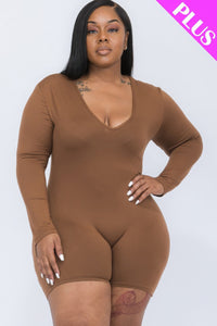 CAPELLA APPAREL Plus V-neck Long Sleeve Bodycon Romper