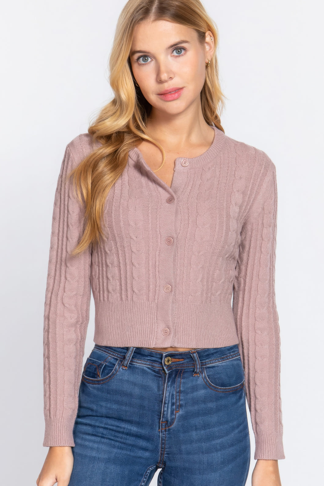 ACTIVE BASIC Crew Neck Cable Sweater Cardigan