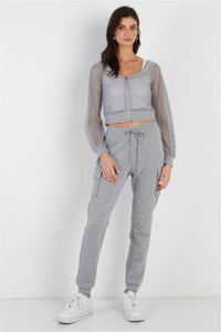 TASHA Heather Grey Contrast Fishnet Zip-up Top & Pants Set