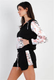 TASHA Black & Multi Color Print Colorblock Zip-up Hooded Top & Short Set