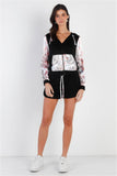 TASHA Black & Multi Color Print Colorblock Zip-up Hooded Top & Short Set