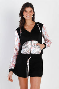 TASHA Black & Multi Color Print Colorblock Zip-up Hooded Top & Short Set