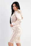 TASHA Satin Lace Details Long Sleeve Hooded Crop Top & Biker Short Set