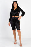 TASHA Satin Lace Details Long Sleeve Hooded Crop Top & Biker Short Set