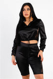 TASHA Satin Lace Details Long Sleeve Hooded Crop Top & Biker Short Set