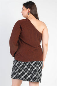 TASHA APPAREL Plus Brown Ribbed Textured One Shoulder Top