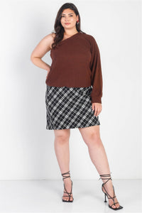TASHA APPAREL Plus Brown Ribbed Textured One Shoulder Top