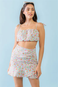 TASHA APPAREL Mint Fuchsia Print Cotton Sleeveless Strappy Crop Top & High Waist Wrap Hem Mini Skirt Set