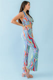 TASHA Multicolor Abstract Print Halter V-neck Ruched Open Back Crop Top & High Waist Pants Set