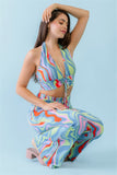 TASHA Multicolor Abstract Print Halter V-neck Ruched Open Back Crop Top & High Waist Pants Set