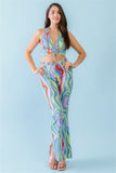 TASHA Multicolor Abstract Print Halter V-neck Ruched Open Back Crop Top & High Waist Pants Set