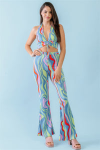 TASHA Multicolor Abstract Print Halter V-neck Ruched Open Back Crop Top & High Waist Pants Set