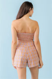 TASHA Orange & Aqua Plaid Print Cotton Strapless Crop Top & High Waist Two Pocket Shorts Set