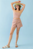 TASHA Orange & Aqua Plaid Print Cotton Strapless Crop Top & High Waist Two Pocket Shorts Set