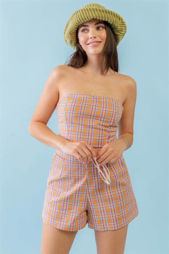 TASHA Orange & Aqua Plaid Print Cotton Strapless Crop Top & High Waist Two Pocket Shorts Set