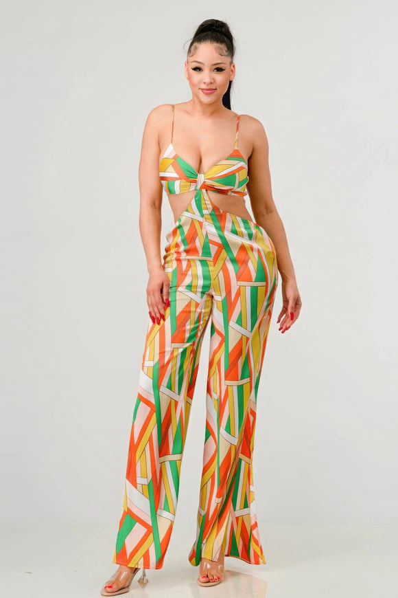 PRIVY geo print satin bra top and palazzo jumpsuit