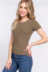 ACTIVE BASIC Short Slv Crew Neck Variegated Rib Knit Top