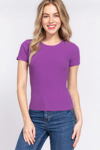 ACTIVE BASIC Short Slv Crew Neck Variegated Rib Knit Top