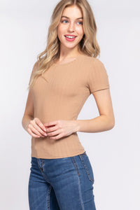 ACTIVE BASIC Short Slv Crew Neck Variegated Rib Knit Top