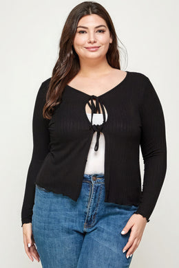 HAUTE FOX Solid Ribbed Pointelle Cardigan