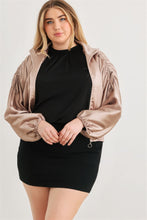 Load image into Gallery viewer, TASHA Plus Satin Zip-up Ruched Long Sleeve Cropped Bomber Jacket