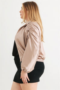 TASHA Plus Satin Zip-up Ruched Long Sleeve Cropped Bomber Jacket