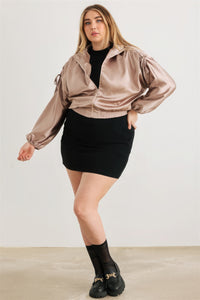 TASHA Plus Satin Zip-up Ruched Long Sleeve Cropped Bomber Jacket