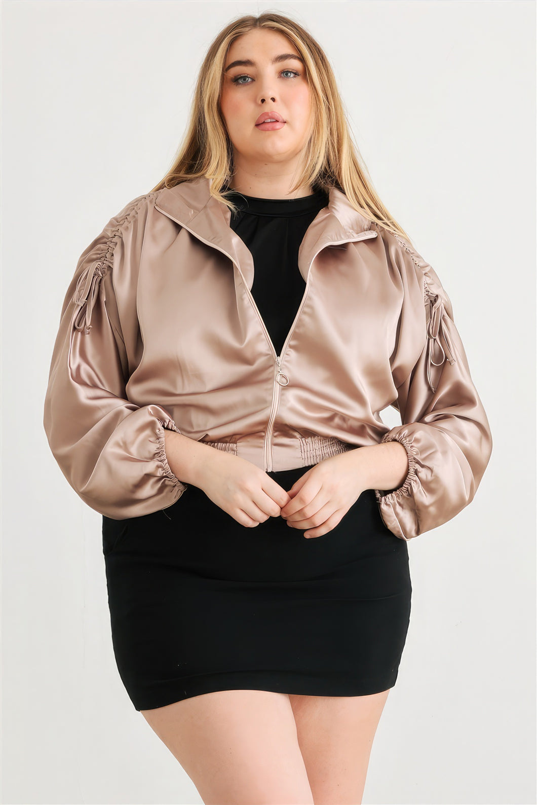 TASHA Plus Satin Zip-up Ruched Long Sleeve Cropped Bomber Jacket