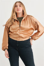 Load image into Gallery viewer, TASHA Plus Satin Zip-up Ruched Long Sleeve Cropped Bomber Jacket