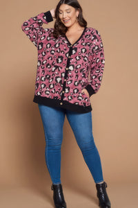 EMERALD Plus Size Cozy Animal Mir Print With Brush Button Up Cardigan