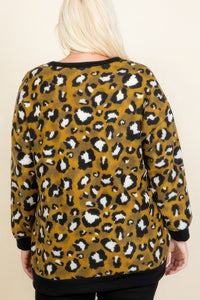 EMERALD Plus Size Cozy Animal Mir Print With Brush Button Up Cardigan