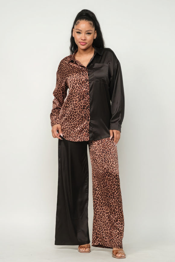 JULIA Half Animal Print And Half Solid Top And Pants Set