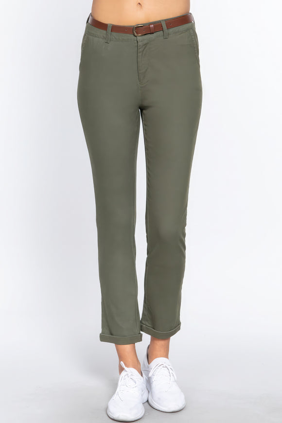 ACTIVE BASIC Cotton-span Twill Belted Long Pants