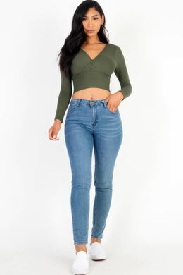 CAPELLA APPAREL Ribbed Wrap Front Long Sleeve Top