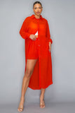 MISS AVENUE Chiffon Button Down Long Sleeve Side Slit Long Top With Short Set